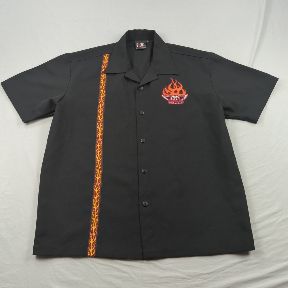 Giant Aerosmith Shirt Mens Large Black Button Up Flames‎ Casual Rock & Roll